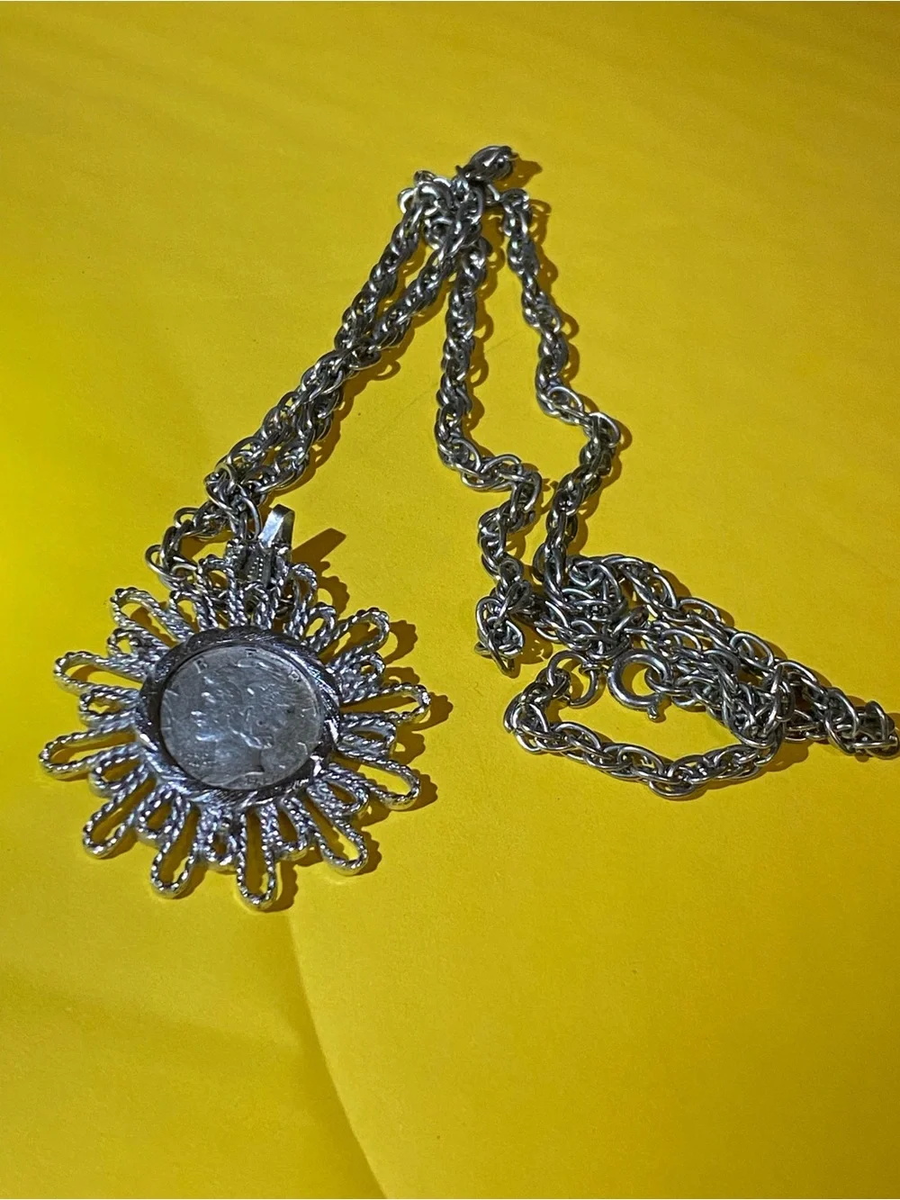 1942 Mercury Silver Dime In Starburst Pendant With Chain